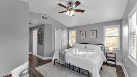 Private Master Suite with king bed, 40” Roku TV, private bath, and plenty of closet space.