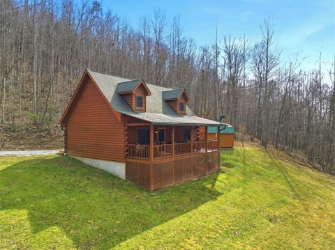 Side view of a classic two-story brown log cabin with a green shingle roof, featuring a large wrap-around porch and a lattice-enclosed crawl space, situated on a lush green grassy hill.