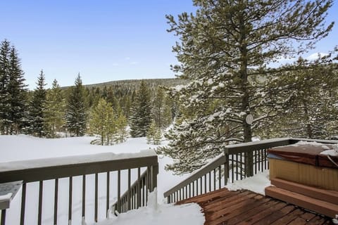 Snow-covered deck with hot tub overlooking a pristine winter forest landscape surrounded by towering evergreens.