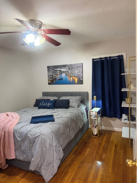 Mini fridge, Queen bed, blackout curtains