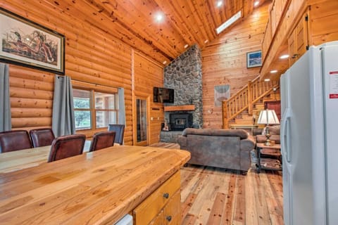Dining & Living | Stone Fireplace, Open Kitchen & Loft Overlook