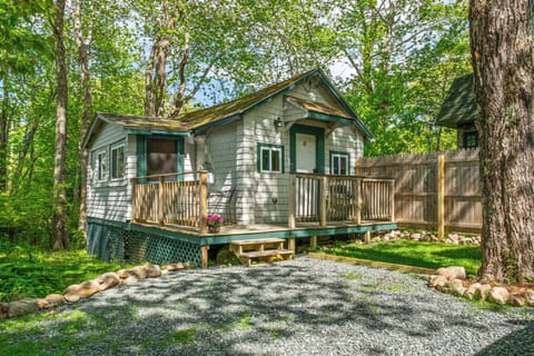 Welcome to Davis Outpost. This exterior view shows our private parking, front deck, and grassy pet-friendly yard. Tucked into lush summer trees, this authentic trailside cabin is your perfect basecamp for exploring Acadia National Park.