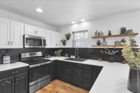 Modern, well-stocked kitchen with plenty of counter space—perfect for cooking big breakfasts and cozy cabin dinners.