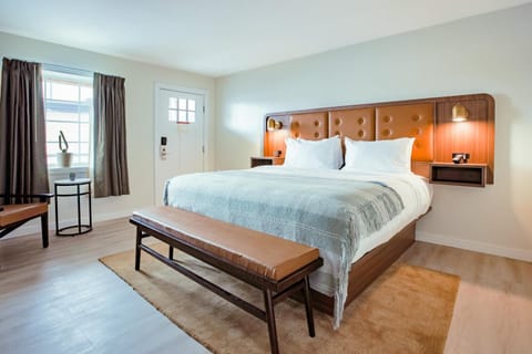 Unwind in a sunlit king bed with warm wood accents
