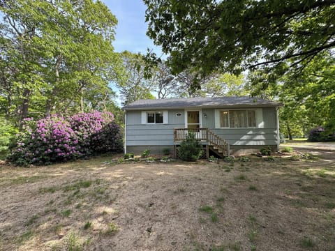 Charming cottage nestled among mature trees with blooming purple azaleas and peaceful natural surroundings.