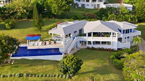 Bird’s-eye view: Aerial view of the villa showcasing the full property and surrounding landscape.