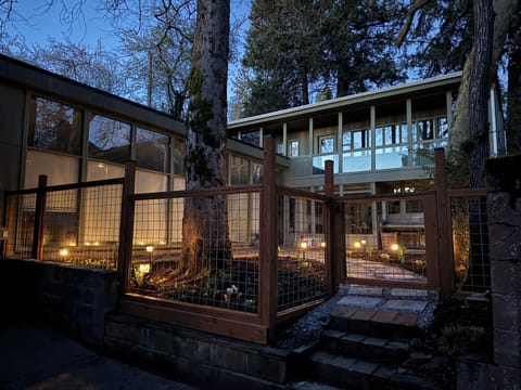 Back yard with balcony view and solar lights