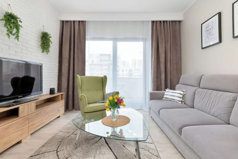 A brightly lit living room with a large grey sofa and a distinctive green armchair is shown here. It features a modern wooden TV unit and a large window providing ample natural light.
