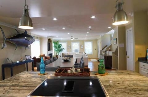 Living room and dinning table to accommodate 12 guests from an open kitchen on second floor.