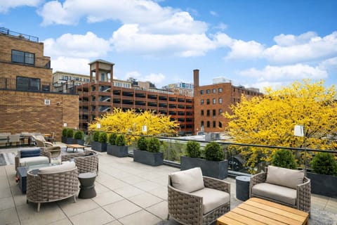 Outdoor patio seating with city views