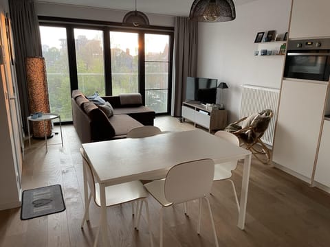 Bright living area with dining space and river view.