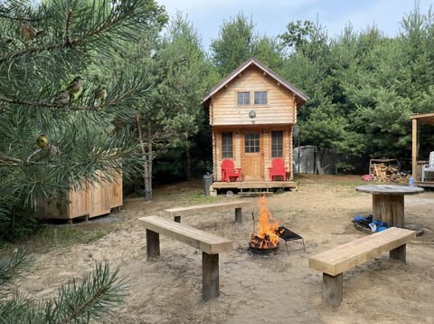 Your home in the pines. Crimson Pines is a fully updated forest bunkie tucked into 40 private acres of Norfolk County woodland — heated, sleeps 5, and ready for every season.