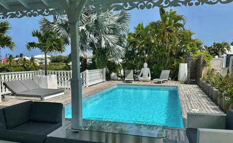 Private pool with panoramic view of the Caribbean Sea from the Bellevue estate in Saint-François, Guadeloupe.