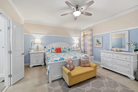 Master Bedroom | King Bed | Yellow Settee & Ceiling Fan