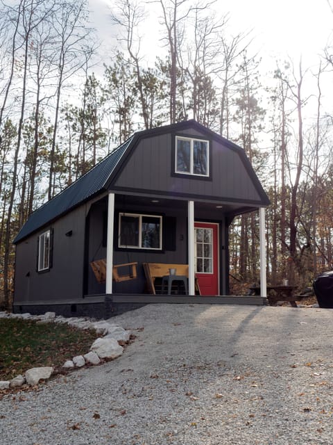 View - front of cabin and private outdoor recreation area.