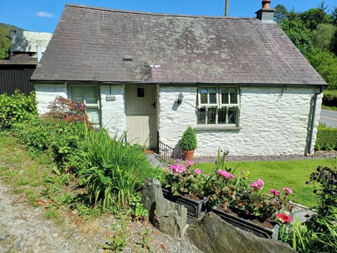 White washed cottage with path leading to front door. Lawn and mature flower bed