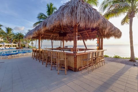 Unwind at the thatched tiki bar beside tranquil ocean horizons.