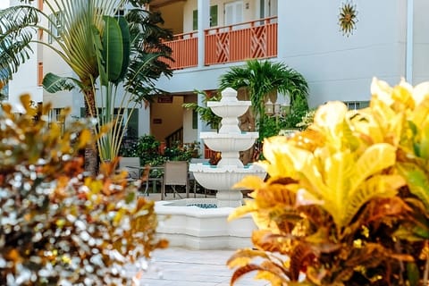 Stroll past the bubbling fountain framed by lush tropical greenery.