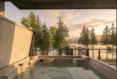 Private saltwater hot tub on the deck, overlooking Lake Cowichan.
