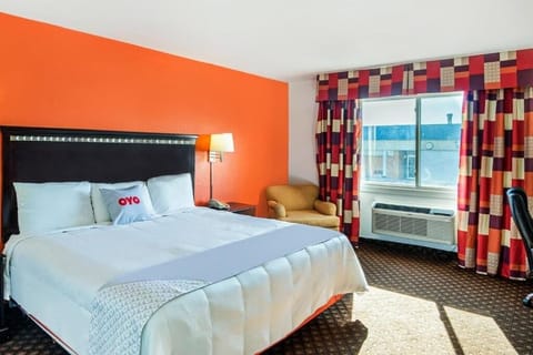 Unwind in a sunlit room with plush bed comfort.