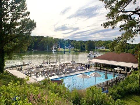 Take in the full waterfront pool scene from above.