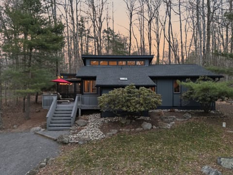 Modern cabin retreat with warm string‑lit deck, bold blue siding, and cozy forest views at dusk.