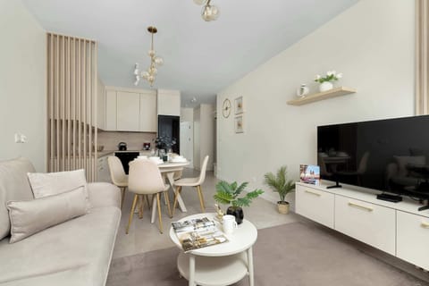A spacious studio-style apartment combines a living area with a grey sofa and TV and a dining area. The neutral color scheme is enhanced by wall decorations, making it a comfortable space for relaxation and dining.