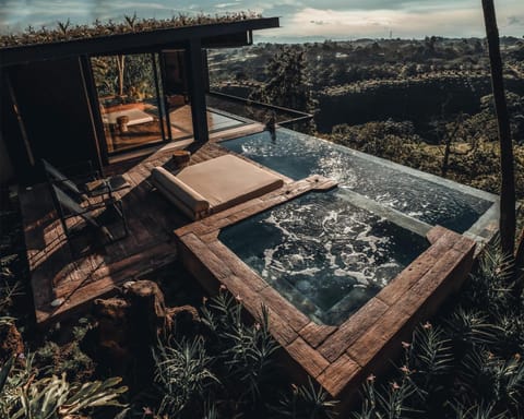 Soak in the infinity pool and hot tub overlooking forested hills.