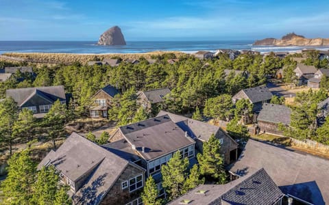 Coastal community nestled between towering sea stacks and sandy dunes, offering serene Pacific Northwest charm.