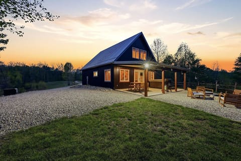 The cabin at sunset — a warm welcome after a long day