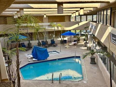 Dive into a sunlit courtyard pool with lounge chairs.