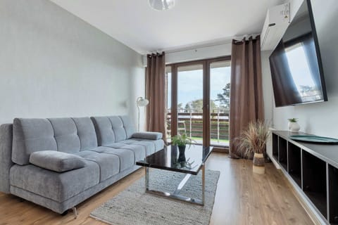 A living room with a gray sofa, TV mounted on the wall, and a clean, minimalist design. The space feels cozy and well-organized.