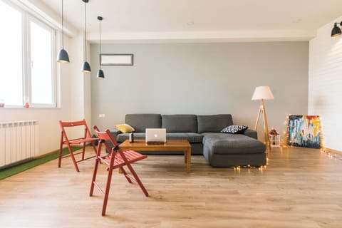 Spacious living area with a comfortable couch and a 55" LED TV (added later)