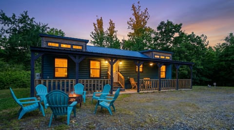 Exterior of cabin at dusk
