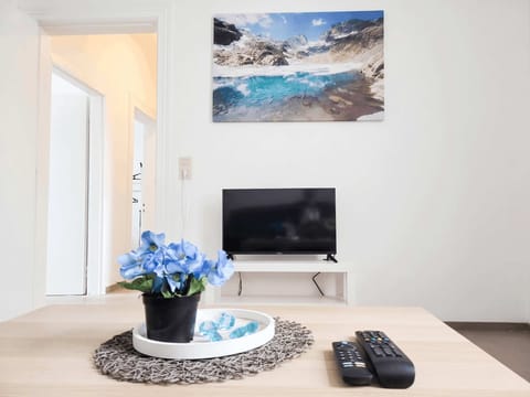 TV – Wohnbereich mit Flachbildfernseher, Couchtisch, blauer Blumendeko und Berglandschaft-Wandbild.