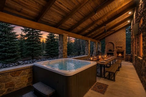 Covered stone patio with the hot tub and outdoor fireplace — sheltered and usable year-round.