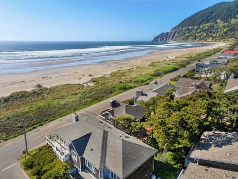 Coastal neighborhood nestled between a sweeping sandy beach and lush forested mountains, offering stunning ocean views and direct beach access in a peaceful seaside setting.
