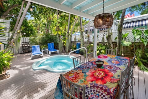 Tropical backyard oasis perfect for poolside lounging during the day