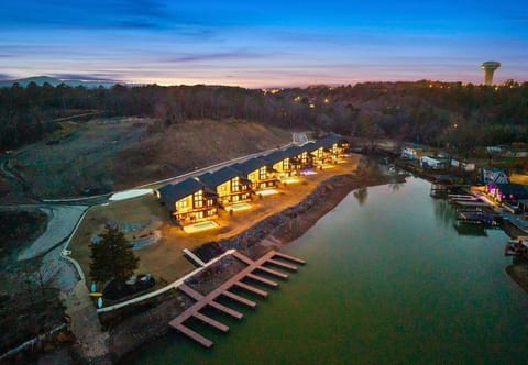 From above, the lakeside community comes into view with docks stretching into the water and warm lights lining the shore.