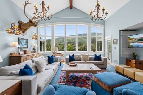 Spacious, elegant living room with vaulted ceilings, fireplace, smart TV and tons of natural light