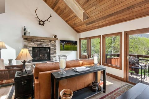 Spacious living room with vaulted ceiling, large windows, fireplace and smart TV