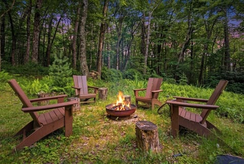 Fire Pit Area | Wood-Burning Fire Pit | Forest Setting & Adirondack Seating