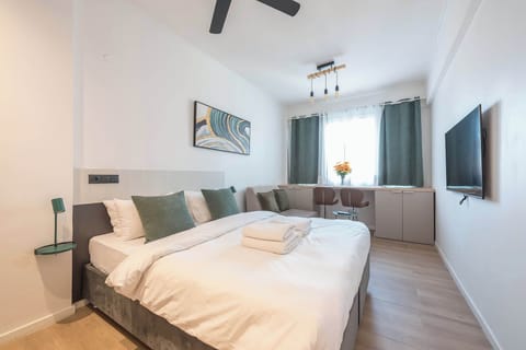 Bright studio layout featuring king-size bed, wall-mounted TV, ceiling fan, and soft daylight from window.
