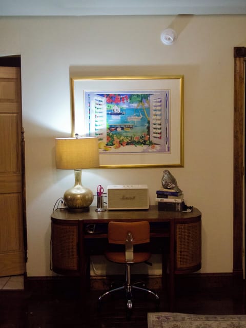 Desk with Marshall blue tooth speaker, books on birding and binoculars