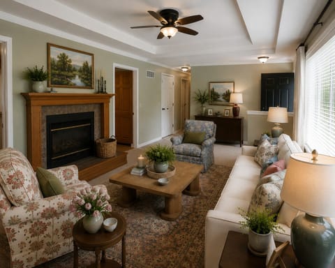 Bright living room filled with natural light and timeless comfort.