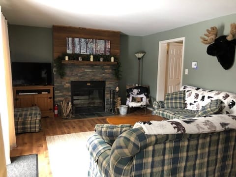 Cozy cabin-style living room with a stone fireplace, rustic accents, and comfy seating for relaxed mountain evenings.