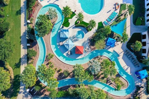 Aerial view of the winding lazy river, perfect for fun and relaxation.