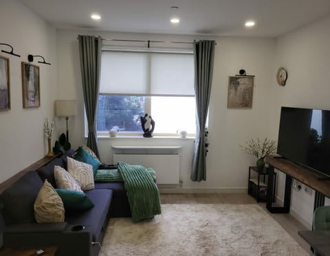 Experience a sleek, modern design with a panoramic view overlooking the living room, creating an inviting and stylish atmosphere.