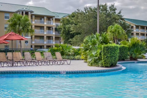 Stretch out poolside with rows of loungers and tropical greenery.