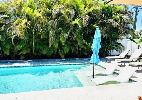 Resort-style pool with tropical privacy, loungers, and sun shelf
